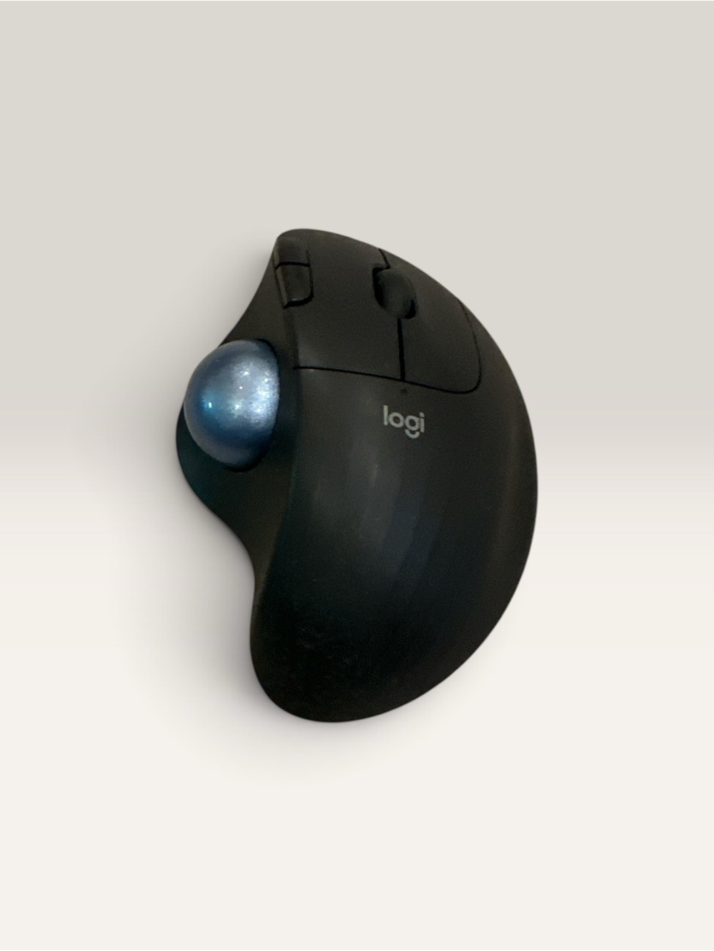 Logi Black Ergonomic Trackball Mouse with Blue Trackball and keyboard